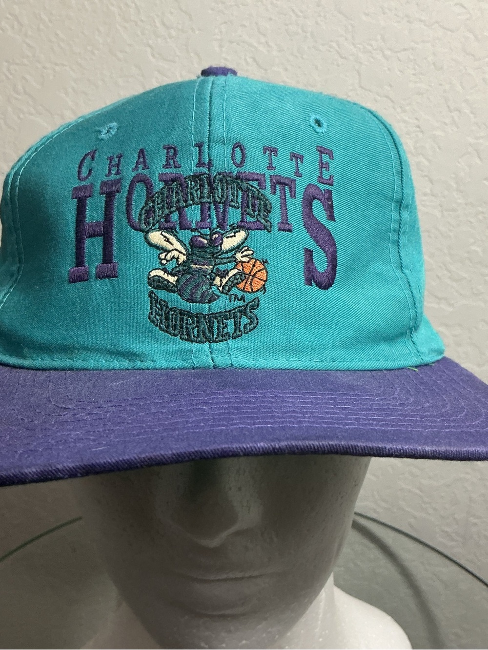 🏀 Vintage 90s Charlotte Hornets NBA Snapback Hat Teal Purple Hugo Green Brim